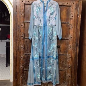 Vintage 1970s Alfred Shaheen Sheer Maxi Dress | Blue Cherry Blossom Print | 12